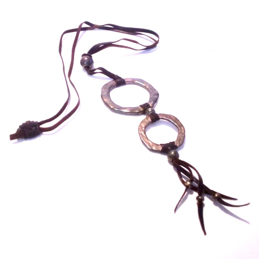 Vintage Brutalist Hammered Metal and Leather Necklace